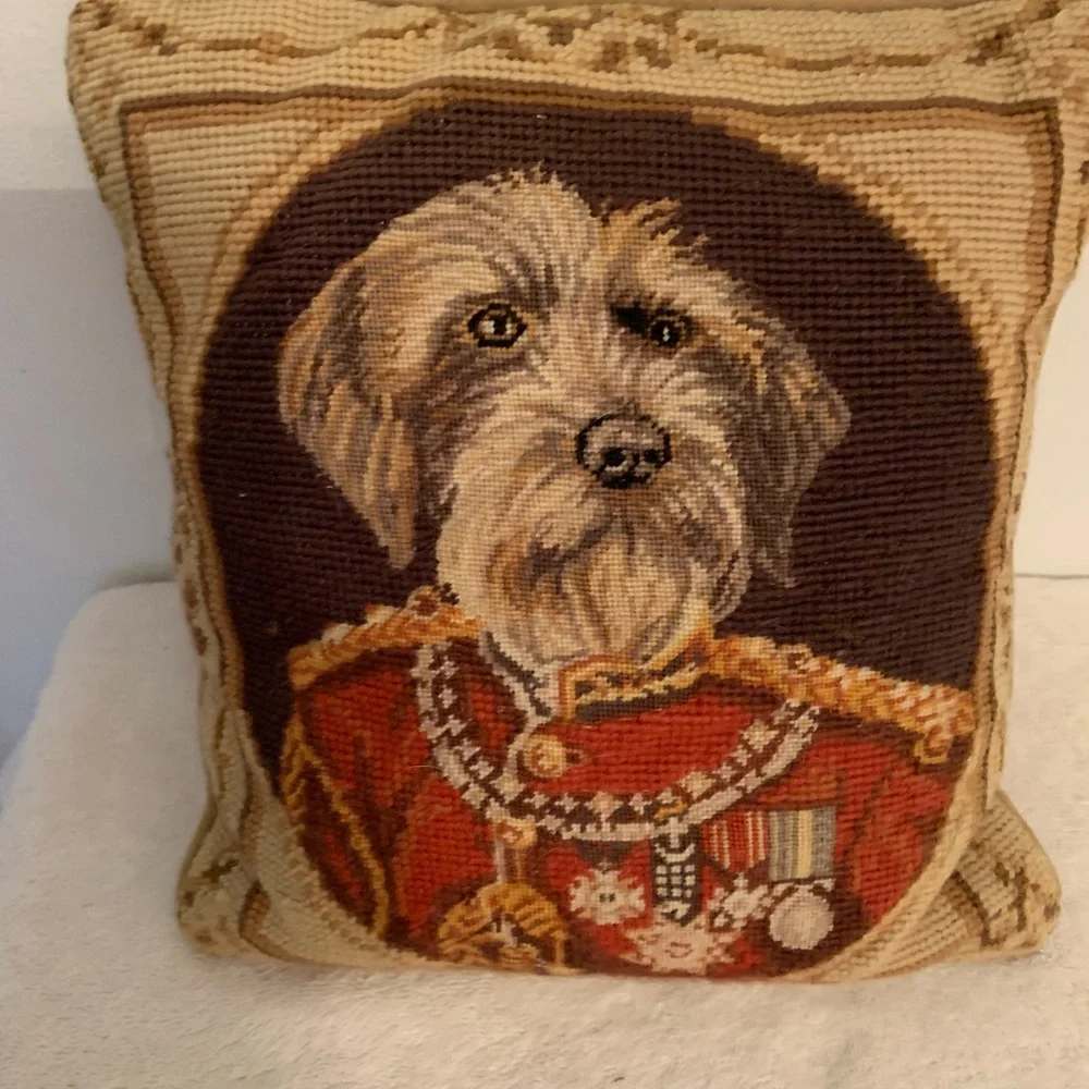 Decorative Dog Portrait Needlepoint Pillow in Brown and Red